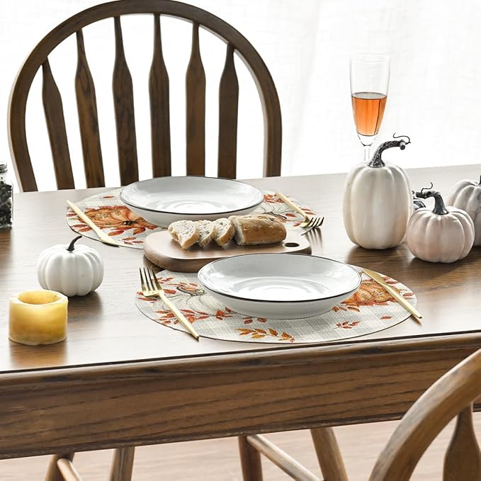 Artoid Mode Beige Buffalo Plaid Polka Dot Pumpkins Leaves Fall Placemats Set of 4, 14 Inch Round Table Mats for Dining Decoration