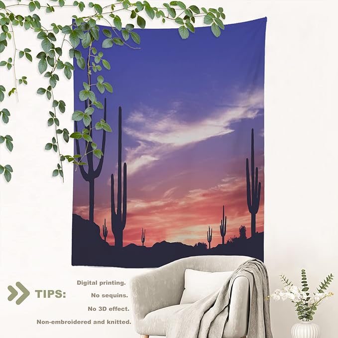 BaoNews Desert Sunset Landscape Tapestry,Colorful Sunset in Arizona Desert Large Wall Hanging Polyester Tablecloths Tapestry Bedroom Room Living Room Dorm 82.7 x 59.1 Inches