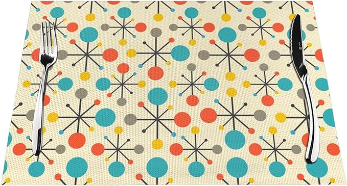 Mid Century Fifties Modern Atomic Retro Placemats Set of 4 Yellow Kitchen Table Mats for Dining Farmhouse Holiday Home Decor Linen Washable Place Mats 12"x18"