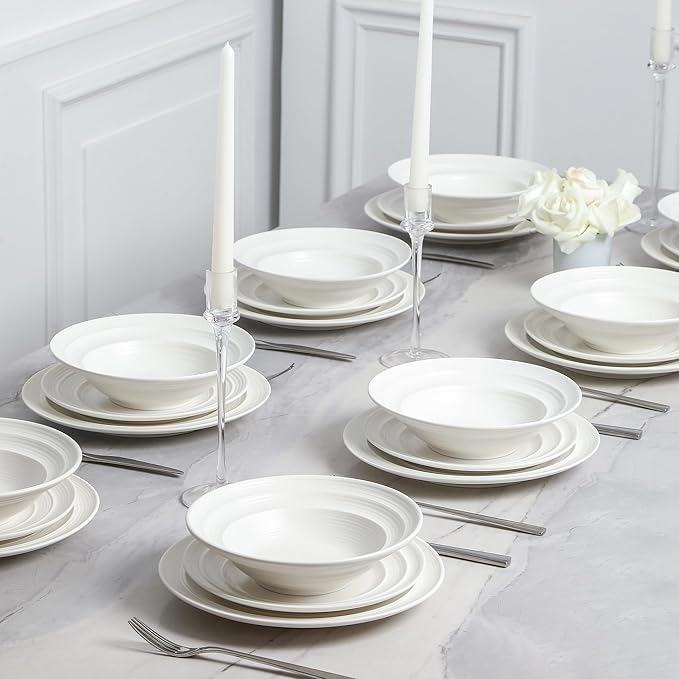 Earth & Clay Celeste 24-Piece Dinnerware, Stoneware, Plates and Bowls Set, Includes Dinner and Salad Plates, Cereal Bowls, Dishwasher and Microwave Safe, Dish Set for 8, Ivory White