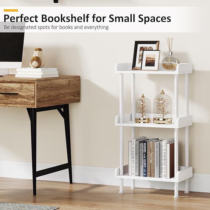 Hosfais 3 Tier Wood Bookcase Industrial Bookshelf with Edge Protection Metal Standing Book Shelves Display Book Rack for Living Room Bedroom Home Office (White)
