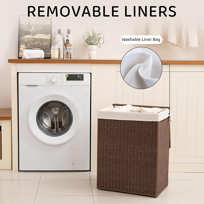 OIAHOMY Laundry Hamper with Lid, 23.8 Gal (90L) Wicker Hamper with Removable Liner Bags, Handwoven Clothes Basket with Handles, Foldable Woven Paper Rope Basket for Laundry Room, Bedroom-Brown