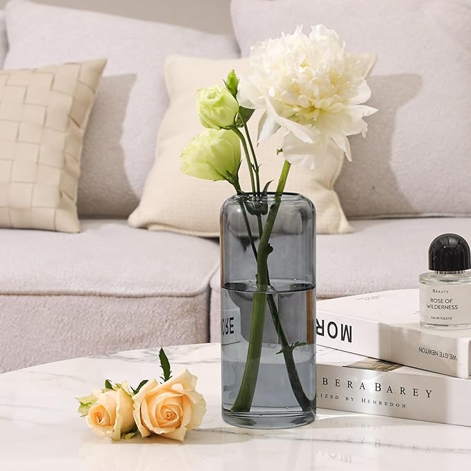 ComSaf Glass Flower Vase, 8 Inch Tall Bud Vases, Home Decor Vases for Centerpiece for Living Room and Bedroom, Decorative Vases for Wedding, Valentines' Day, Mother's Day (Grey)
