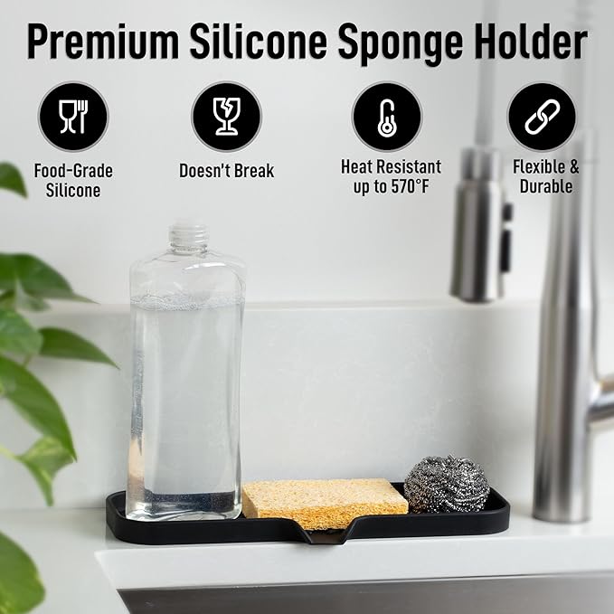 Zulay Large Silicone Sponge Holder (12x4) – Flexible Sink Organizer Tray for Kitchen & Bathroom – Multipurpose Soap Dish for Sponges, Makeup, Trinkets & More (Black)