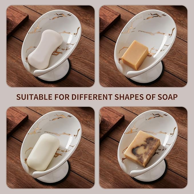 Soap Dish, Soap Holder Self Draining Leaf Shape Soap Dishes,White Ceramic Draining Soap Tray for Shower, Bathroom Sink, Kitchen (Large Size-Marble White, 1)