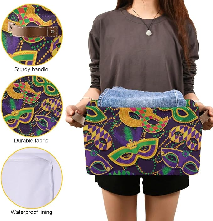 Mardi Gras Accessories Mask Beads Confetti Feather Storage Basket Fabric Laundry Baskets Fleur de Lis Purple Gold Green Storage Boxes Organizer Bag Cloth Toy Book Storage Cubes Shelf Bins 16×12×8