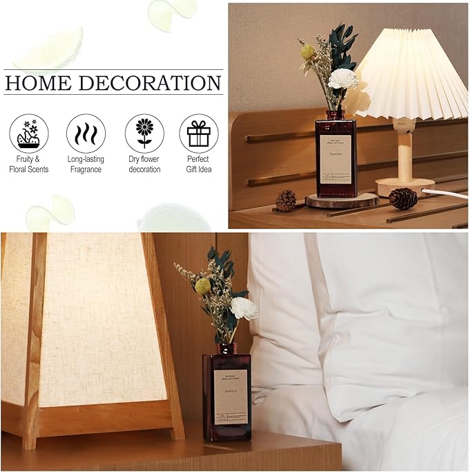 Reed Diffuser Set - Jasmine & Orange Blossom Essential Oil, 5.07oz/150ml Floral Aroma Oils Scents with Dry Flower Decoration, Home Fragrance for Large Room Bathroom Office Shelf Decor