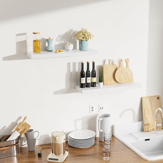 Bellsal Floating Shelves for Wall, White Engineered Wood Wall Shelf Set of 2, 24" Wall Mounted Floating Shelf for Kitchen, Living Room, Bedroom, Bathroom Storage, Book Shelf for Home Decor