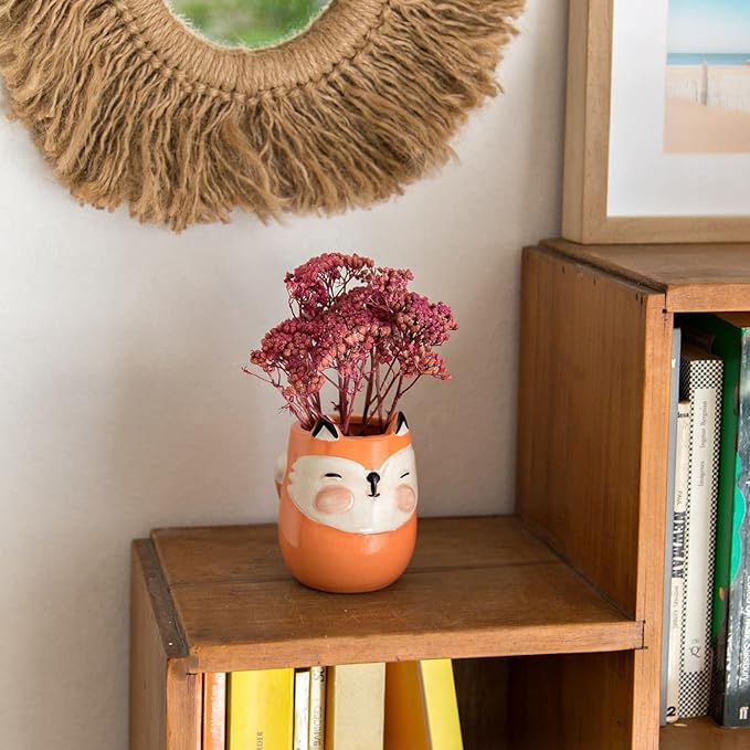 Fox Animal Ceramic Planter for Indoor and Outdoors, 3 x 3 x 4 in., Cute Hand Painted Designed in Argentina, Convenient Drain Hole