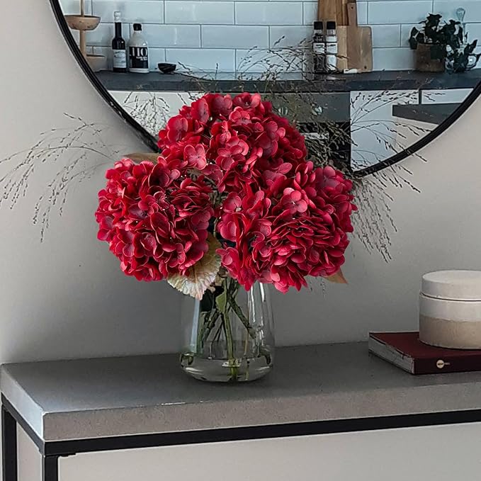 YalzoneMet 4 Pcs Hydrangea Artificial Flower Lifelike 21'' Long Stem Latex Real Touch Hydrangea for Xmas Home Party Kitchen Thanksgiving Table Centerpiec Christmas Wedding Decor 2 White + 2 Burgundy