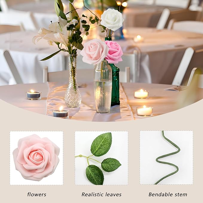 Artificial Flowers Pink Roses Real Looking Foam Fake Roses with Leaves and for DIY Wedding Bouquets Bridal Shower Centerpieces Party Decorations (Pink Series, 100)