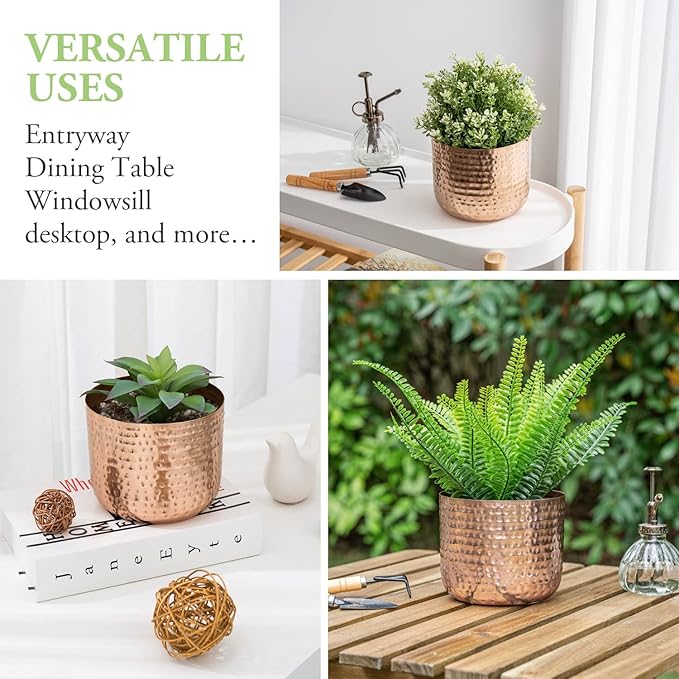 MyGift 6 Inch Copper Tone Metal Plant Pot with Hammered Design, Decorative Small Succulent Planter - Handcrafted in India