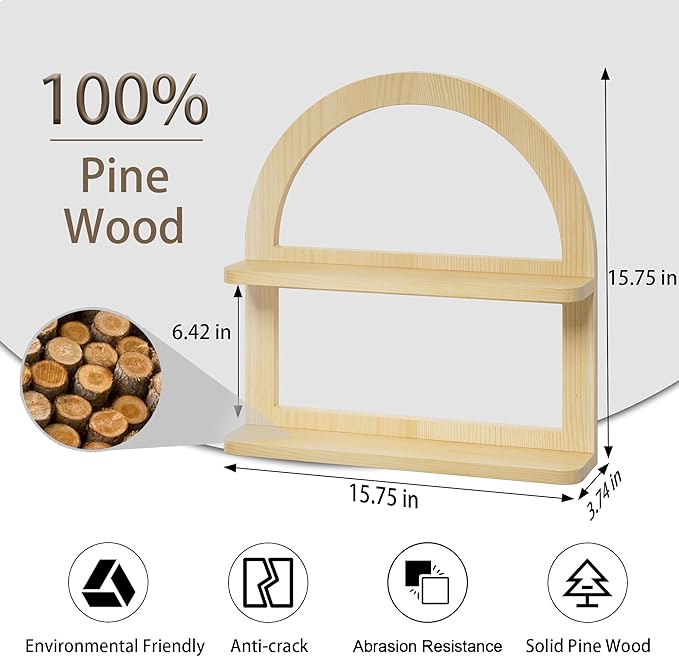 2 Tier Pine Wood Arched Wall Shelf - Fan-shaped Nursery Floating Shelf for Neutral Decor, Boho Storage Solution