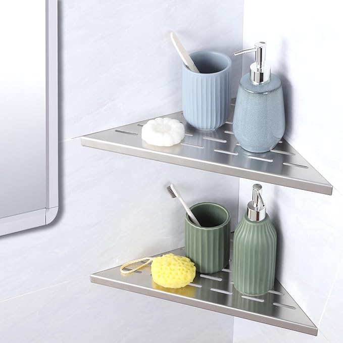 12" Corner Shower Shelf, 2-Pack Bathroom Shelves for Tile Walls, SUS304 Stainless Steel Recessed Shower Shelf, Grout in Corner Organizer Shelves, Brushed Silver, Large Size