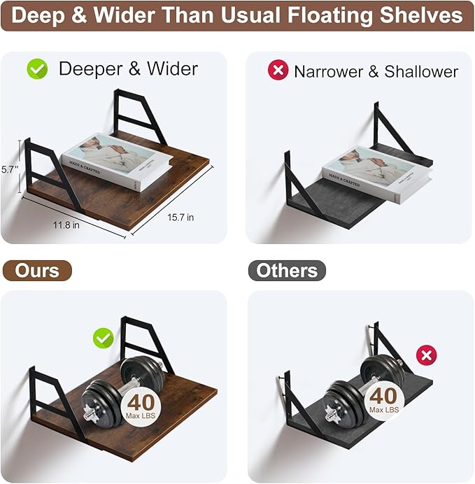 Set of 2 Deep Floating Shelves; Wall Mounted Book Shelf for Living Room, Bedroom Shelves for Wall Decor; Shelves for Wall Storage; Shelving with Metal Brackets, 12 Inches (Rustic Brown)