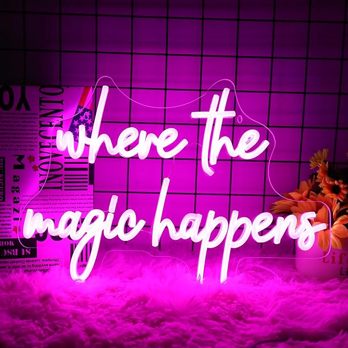Where The Magic Happens Neon Sign Led Pink Light Up Signs for Wall Decor Usb Powered Letter Neon Light Signs for Bedroom Wedding Decor Birthday Party Shop Man Cave 16 x 11''(Pink)