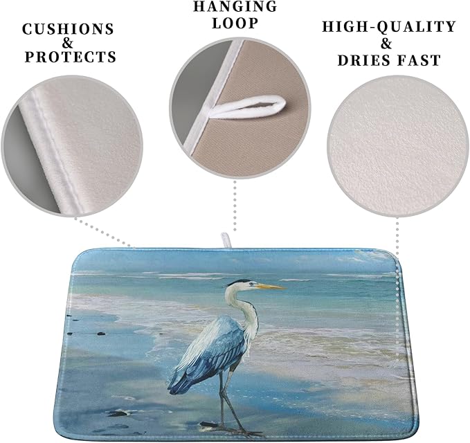 Summer Blue Dish Drying Mat for Kitchen Counter 18x24 Inch Heron Coastal Beach Drying Mats Nautical Ocean Bird Dishes Drainer Mats Microfiber Absorbent Dish Rack Pad