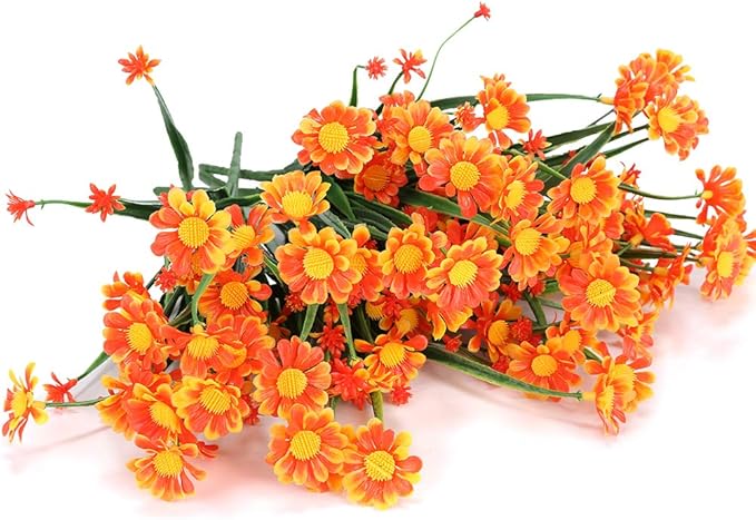 Artificial Daisies Flowers Outdoor UV Resistant 4 Bundles Fake Foliage Greenery Faux Plants Shrubs Plastic Bushes for Window Box Hanging Planter Farmhouse Indoor Outside Decor(Orange Red)