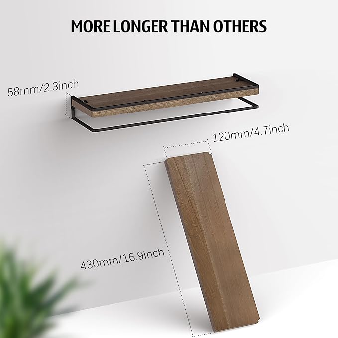 Meangood Floating Shelves Wall Mounted Set of 2, Rustic Wood Wall Storage Shelves for Bedroom,Living Room,Bathroom, Kitchen Brown