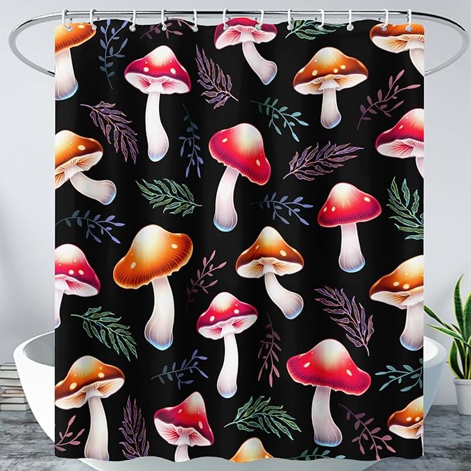 AILONEN Cartoon Mushroom Shower Curtain,Cute Red Mushroom Waterproof Fabric Bath Curtain for Kids Girls Boys,Natural Fungal Plants Shower Curtain Set for Bathroom 48" W*72" H