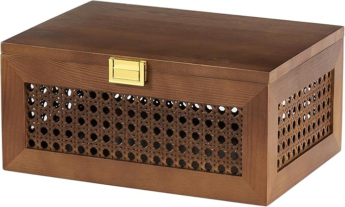 Decorative Rattan Storage Boxes Solid Wood Woven Baskets Bins with Lid Keepsake Memory Jewelry Box Natural Boho Shelf Wicker Closet Desk Organizer Container (Walnut Color, Large Size)