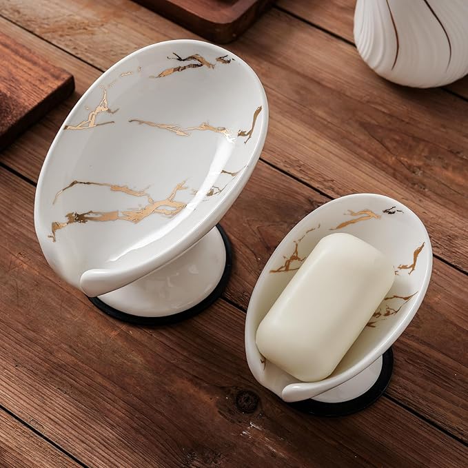Soap Dish, Soap Holder Self Draining Leaf Shape Soap Dishes,White Ceramic Draining Soap Tray for Shower, Bathroom Sink, Kitchen (Large Size-Marble White, 1)