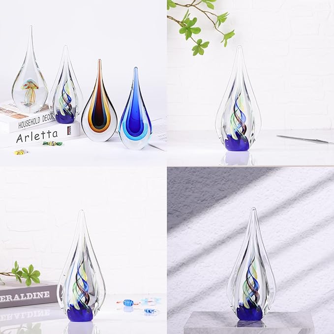 DOVDOV Blown Glass Sculpture, Blue Glass Art Collection Statue, Unique Mediterranean Water Drops Decorative Statue for Office, Bookshelf, Dresser, Living Room Coffee Table, Mantelpiece Filler