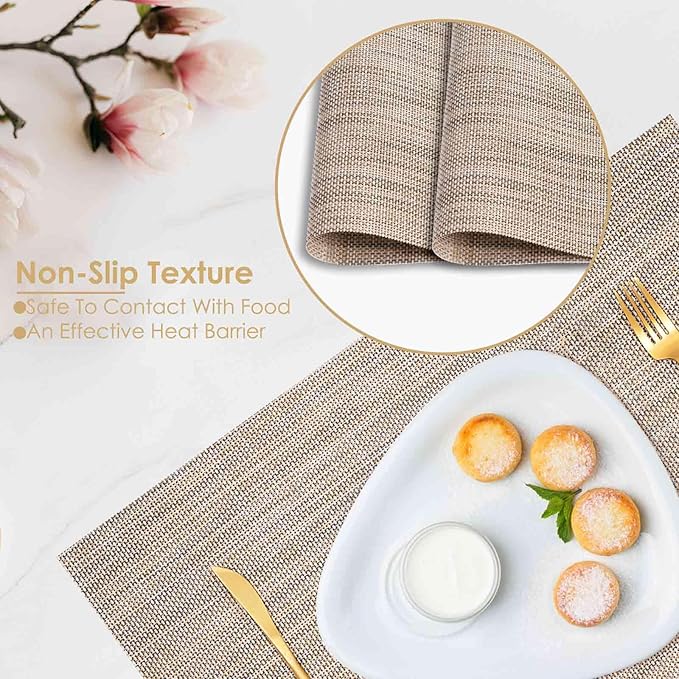 GIVERARE Placemats Set of 4, Heat-Resistant Woven Vinyl Placemat 12x18in, Non-Slip Washable PVC Table Mat, Easy to Clean Premium Plastic Mats for Dining, Kitchen Table (Cappuccino)