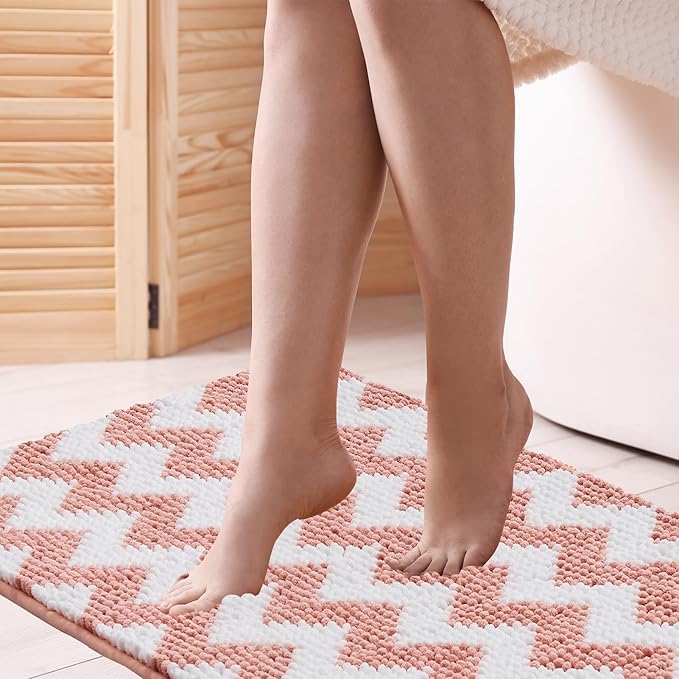 CozeCube Chenille Bathroom Rugs 59" x 24", Soft Microfiber Chevron Bath Mats for Bathroom, Non Slip Shaggy Bath Rugs Machine-Washable, Plush Absorbent Shower Mat, Blossom Pink