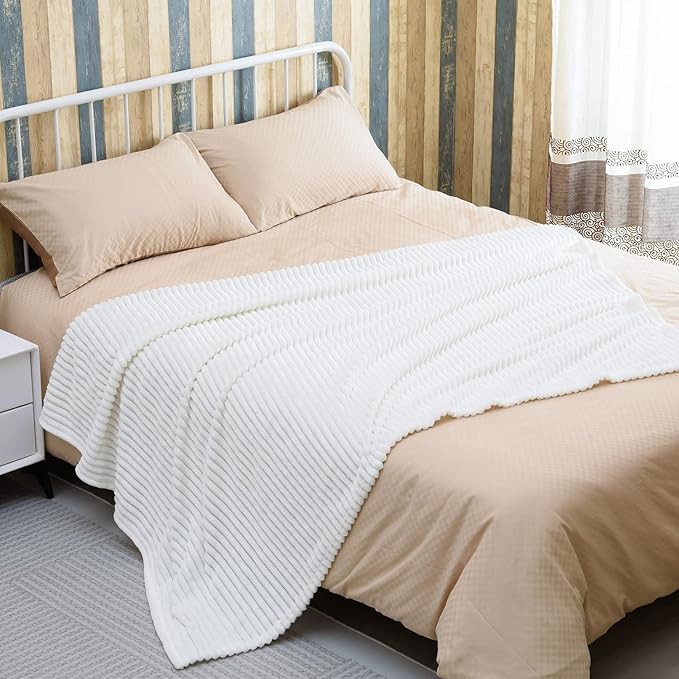 Bnuitland White Flannel Throw (60X80 inches) with Storage Pouch,300GSM Super Soft Fleece Stripe Pattern Sofa Blanket for Adults, Lightweight Cozy Bed Throw for Home Decor All Season