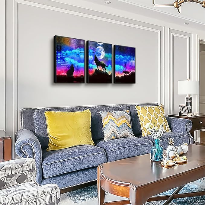TTHYUEWS Black Framed Canvas Wall Art For Living Room Home Wall Decor For Bedroom Office Decor Wolf Landscape Wall Pictures Prints Artwork Blue Starry Sky Wall Painting Room Wall Decoration 3 Piece