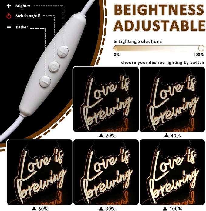 Love Is Brewing Neon Sign for Wall Decor, Warm White Led Signs for Bridal Shower, USB Dimmable Neon Lights for Bedroom Home Coffee Themed Bar Wedding Engagement Party Garland Decoration