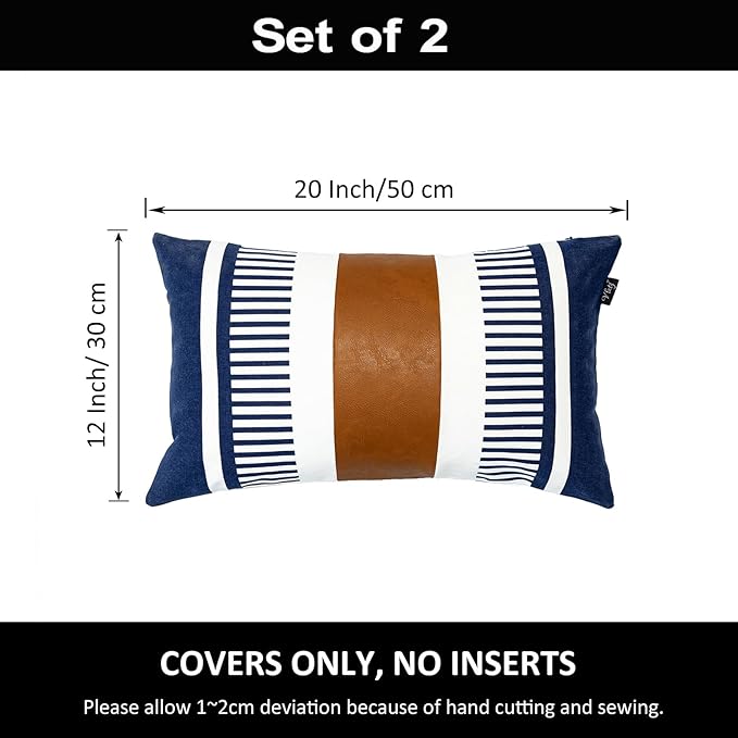 Set of 2 Navy Blue and White Stripe Throw Lumbar Pillow Covers 12x20 inch,Faux Leather Modern Accent Boho Cushion Cover for Couch Living Room Bedroom
