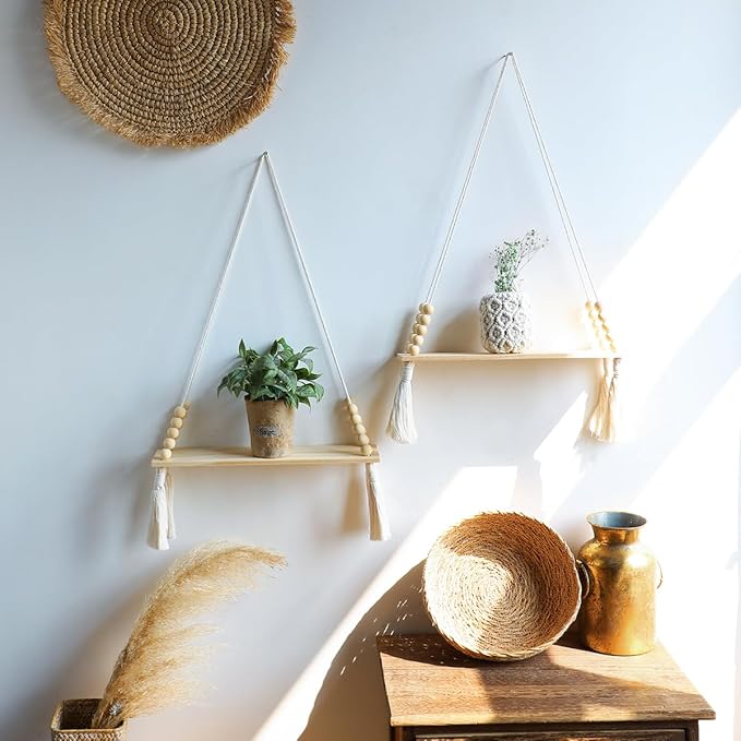 Artilady 2 Pack Wooden Wall Hanging Shelves - Macrame Hanging Plant Shelf with Tassel,Boho Storage Floating Shelves Handmade Rustic Hanger Planter Rack Pot Stand Holder