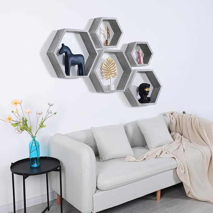 PHOENANCEE Hexagon Floating Shelves,Wall Mounted Wood Farmhouse Storage Honeycomb Wall Shelf Set of 5,for Bathroom, Kitchen, Bedroom, Living Room,Office,Driftwood Finish (Vintage Grey)