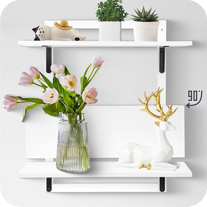 24-Inch Floating Shelves for Wall,3-Tier Wooden Wall Mounted Kitchen Shelves with Foldable Brackets,Hanging Wall Shelves for Living Room, Coffee Bar,Bedroom, Bathroom,Classic White