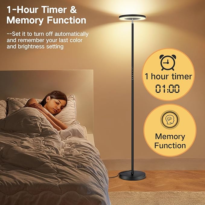 OUTON LED Torchiere Floor Lamp, Super Bright Dimmable Tall Standing Lamp with Remote Touch Control, 4 Color Temperatures, 1-Hour Timer for Living Room, Bedroom, Office (Classic Black)