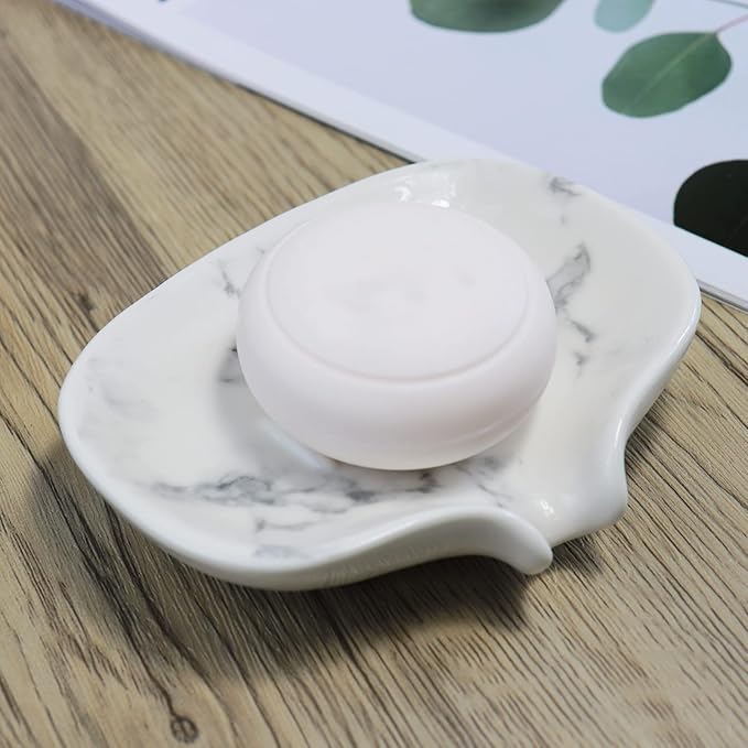 Ceramic Marble Texture Soap Dish, Self Draining Slot, Portable for Shower, Bathroom & Kitchen Sink