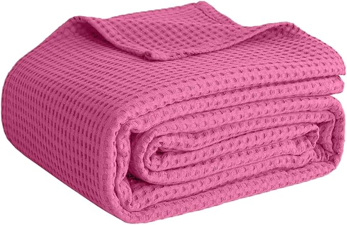 100% Cotton Blankets Throw Size for Bed - Waffle Weave Blankets for Summer, Lightweight and Breathable Soft Woven Blanket for Spring, (Pink, Throw (50" x 60"))