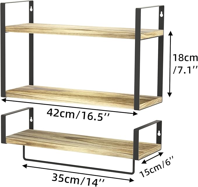 ZGO 2+1 Tier Floating Shelves Wall Mounted Set of 2, Rustic Wood Wall Shelves with Metal Frame Tissue Rack and Towel Bar for Bedroom, Bathroom, Living Room, Kitchen, Storage & Decoration, Wood