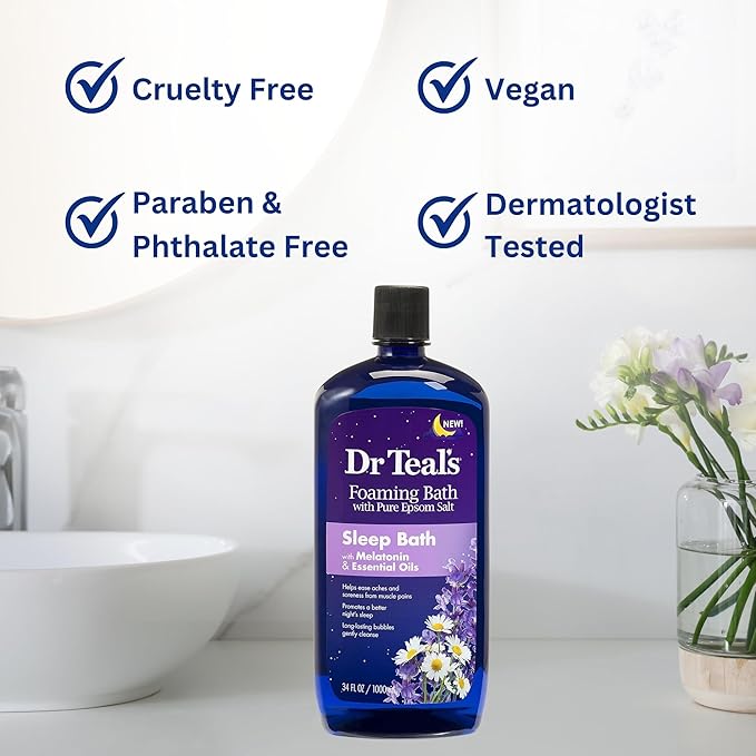 Dr. Teal's Melatonin Foaming Bath 34oz (Pack of 2) with Variety Junction Premium Bath & Shower Sponge - Sleep Inducing Bubble Bath