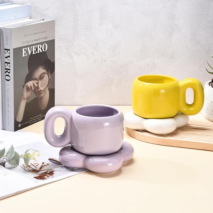 WHOLE HOUSEWARES | 2 Ceramic Coffee Mug - Aesthetic Chubby Cloud Mug - Trendy Cups with Unique Shape - Dishwashe-safe - Compatible For Coffee Or Tea - For Home and Office Use (Purple & Yellow)