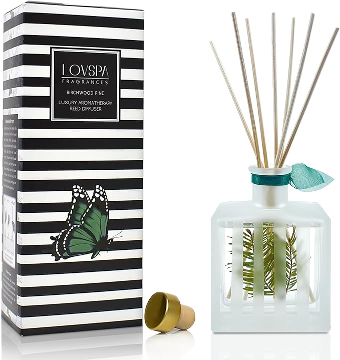 LOVSPA Birchwood Pine Essential Oil Reed Diffuser Gift Set | Balsam Fir, White Pine and Amber | Great Aromatherapy Gift for Mom, Dad, Grandma or Aunt