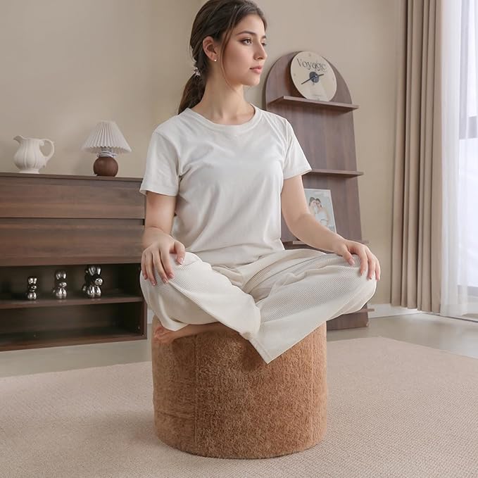 Tiita Pouf Ottoman and Foot Rest, Round Foam Stuffed Floor Pouf with Storag for Living Room, Brown