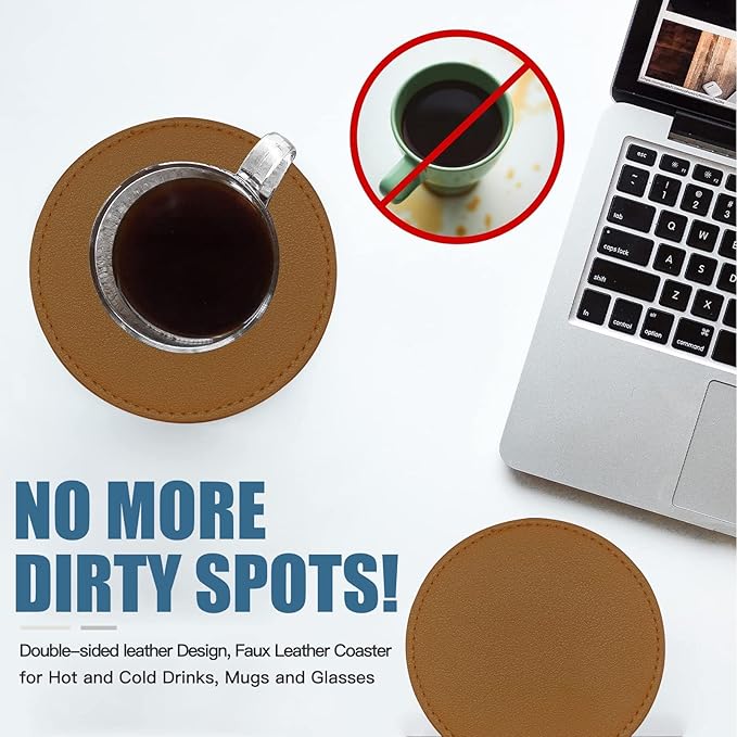 Coasters Set of 6 Soft Leather Drink Coaster Round Coaster with Sewing Around, Suitable for Various Cups, Wooden Tables,Home Decoration,4 Inches(Brown)