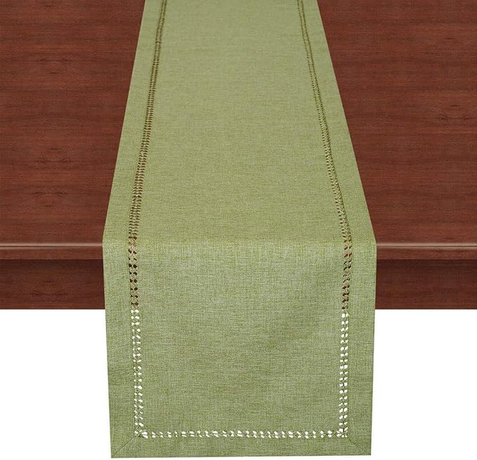 Grelucgo Small Handcrafted Solid Color Dining Table Runner, Dresser Scarf, Double-Hemstitched (Sage Green, 14 x 36)