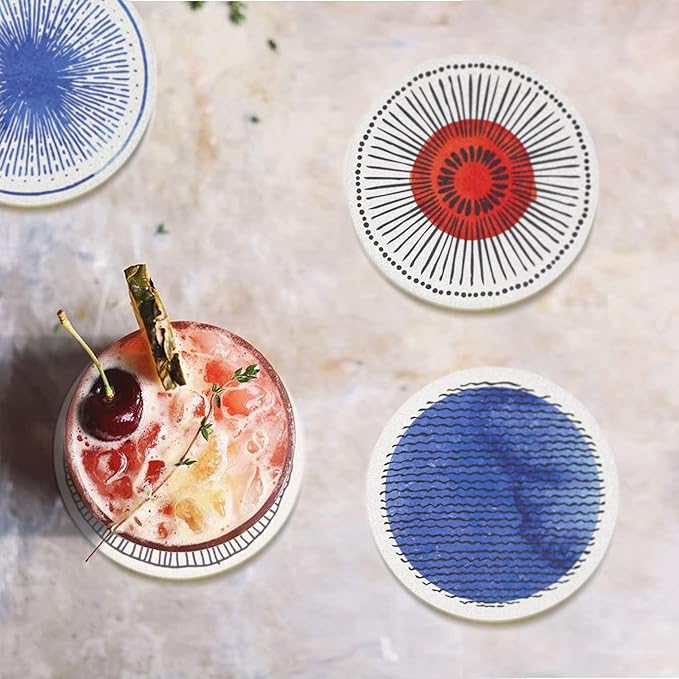 AD Set of 6 Coasters for Drinks Absorbing Round Ceramic Stone Coaster with Cork Base Tabletop Protection Mat for Mugs and Cups,Office,Kitchen (Colorful 2 with Holder)