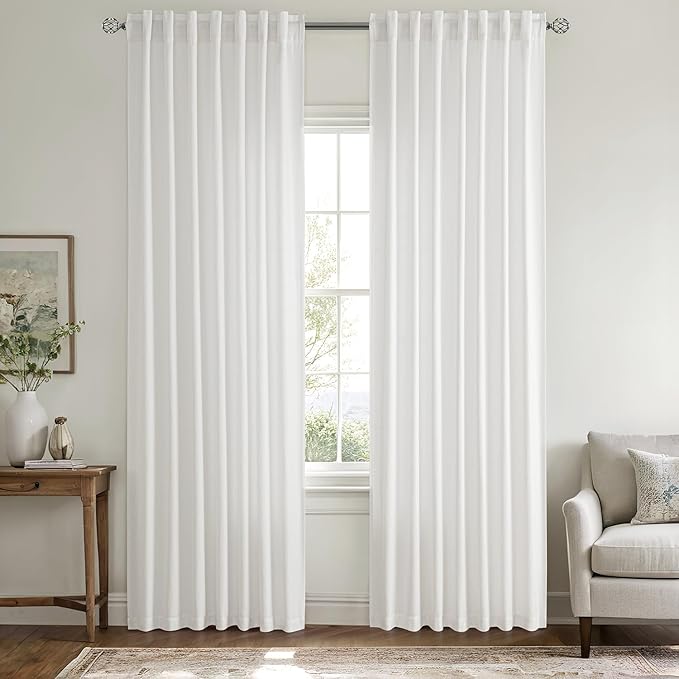 MIULEE Non-See-Through Privacy Linen Curtains 2 Panels, Light Filtering Window Curtains Farnhouse Textured Back Tab Semi Sheer Drapes for Bedroom Living Room, 52 x 72 Inches Long, Pure White