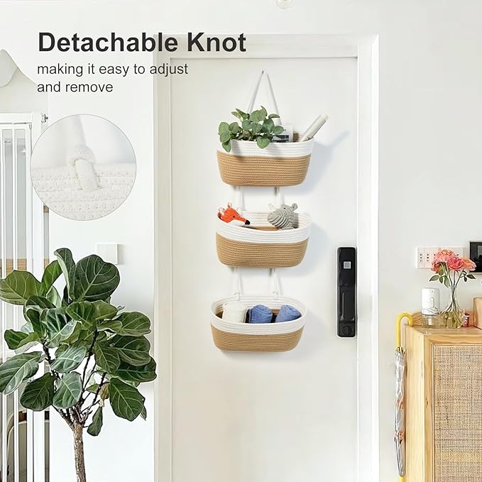 DULLEMELO Hanging Storage Basket for Organizing, 3-Tier Over The Door Organizer, Woven Wall Basket Decor Hanging Baskets for Storage, Versatile Storage for Every Room, White&Jute