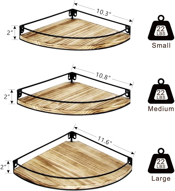 Corner Shelf Wall Mounted, Corner Floating Shelves for Wall, Wood Storage with Cable Hole for Kitchen Living Room Bedroom Bathroom, Rustic Brown Set of 3